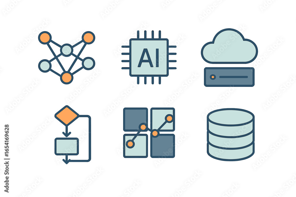Poster stylized icons for artificial intelligence, machine learning, and data processing on a dark backgrou