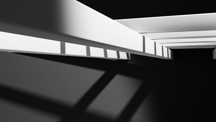 Abstract digital art featuring white geometric shapes casting shadows on a dark background