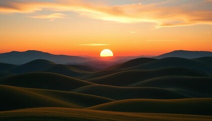 Obraz premium Minimalist sunset over rolling hills, simple wavy pattern vector illustration, vector, illustration