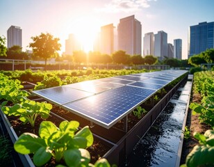Fototapeta premium „Sustainable urban farming with vertical gardens, solar energy, and hydroponics.“