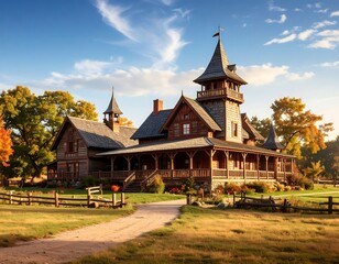 Fototapeta premium Rustic wooden house with autumn foliage