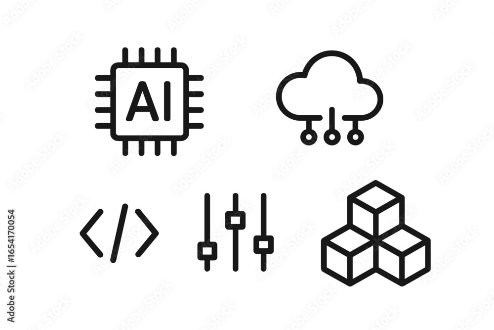 Leinwandbilder minimalist outline icons for ai, cloud computing, coding, and data processing on a dark background