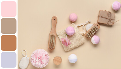 Spa supplies and bath bombs on beige background. Different color patterns