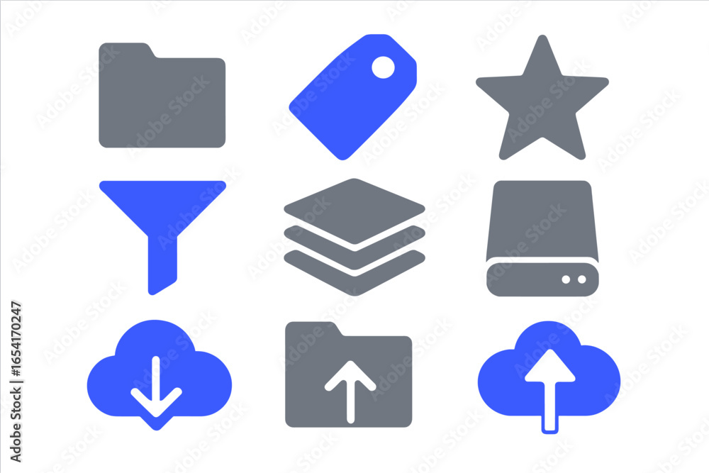Poster digital interface icons for file management and cloud storage, glowing blue elements on textured gra