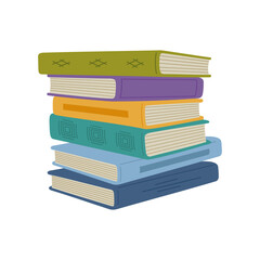 Stack of books in colored hardcover. Pile fiction literature and textbooks. Education and knowledge concept. Hand drawn vector illustration isolated on white background, flat cartoon style.