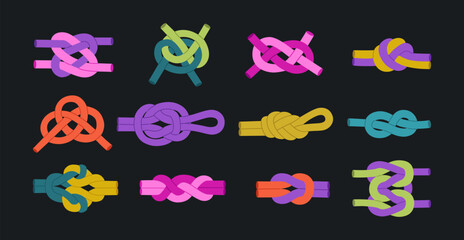 Set of different rope knots. Twisted, tied complex cord knots. Decorative braiding, lacing, sea loops. Hand drawn vector illustration isolated on black background, modern flat cartoon style.