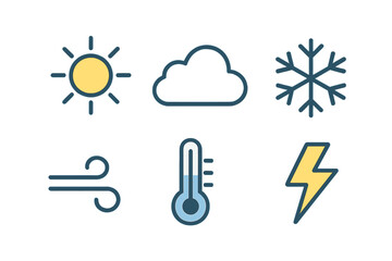 Stylized weather icons: sun, cloud, snowflake, wind, thermometer, lightning bolt on gradient background