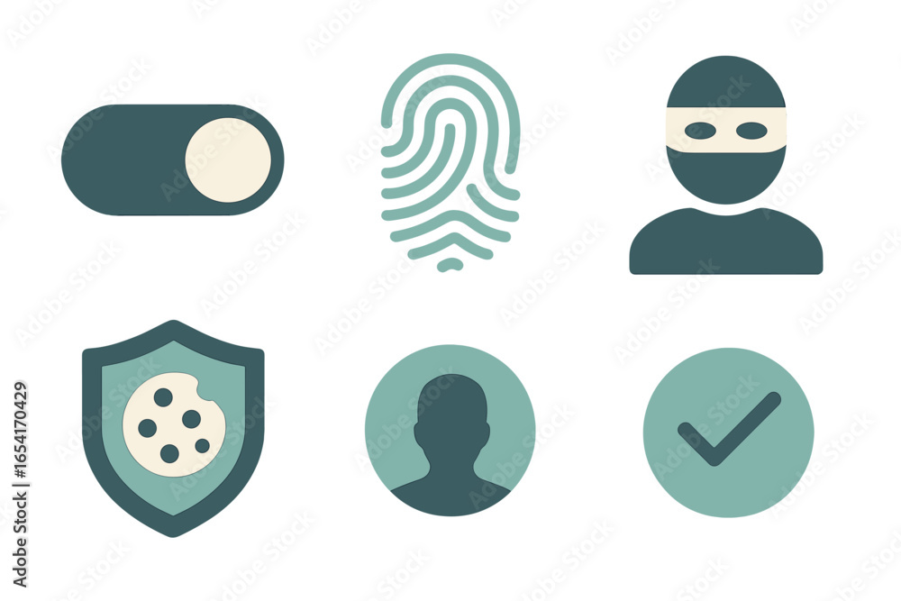 Poster digital security icons for user authentication, data protection, online privacy, hacker, and cookie 