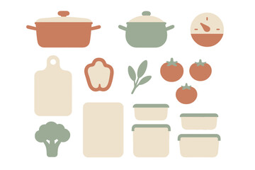 Stylized kitchenware and fresh ingredients like pots, tomatoes, and broccoli with a soft glow effect
