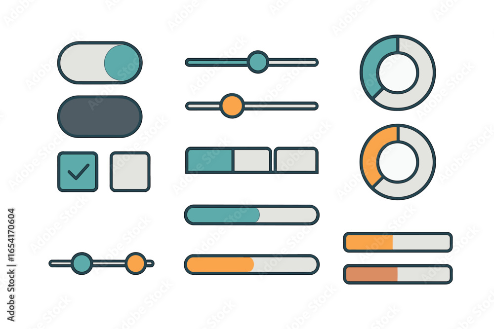 Poster modern ui elements: toggle switches, sliders, progress bars, pie charts with clean glowing aesthetic