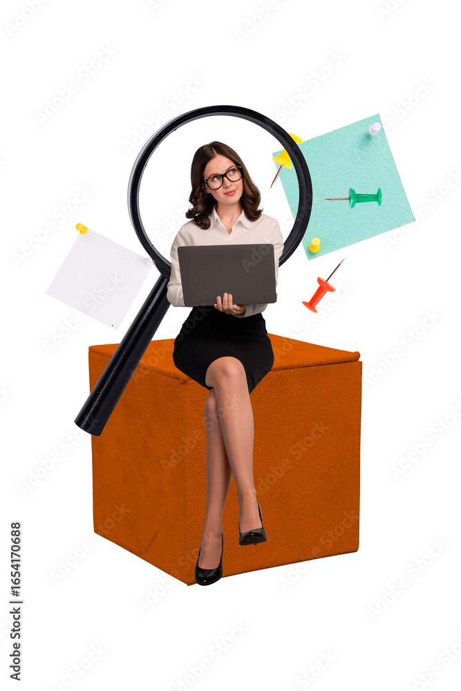 Poster picture collage of beautiful girl office manager working creating project solving tasks isolated on 