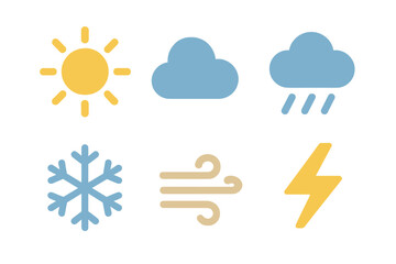 Fototapeta premium Stylized weather icons with neon glow effect, featuring sun, clouds, rain, snowflake, wind, and lightning