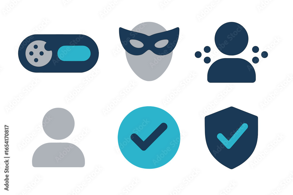 Poster cybersecurity and privacy icons: cookie consent, hacker, user profile, security shield with checkmar