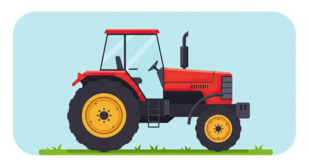 Obraz premium Red Farm Tractor on Green Grass Against Light Blue Sky