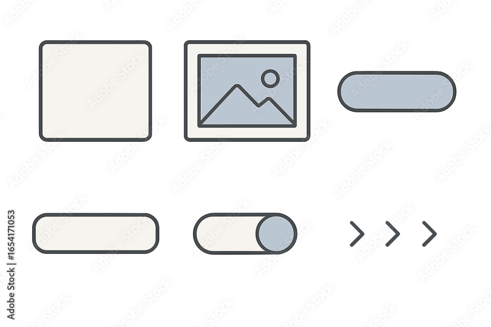 Poster modern ui elements for web and mobile apps, featuring buttons, icons, and placeholder images on a da