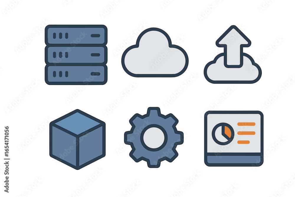 Poster modern flat icons for cloud computing, data storage, and business analytics with subtle glow on dark