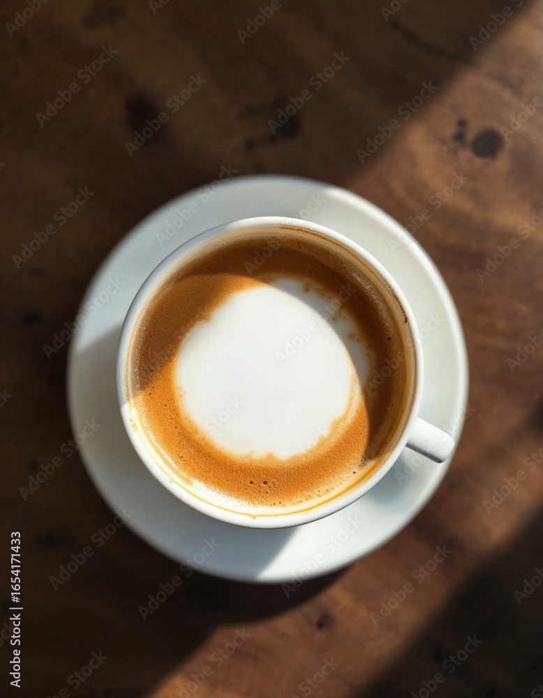 Poster minimal latte art in a ceramic cup centered on a wooden surface with subtle shadows and warm tones c