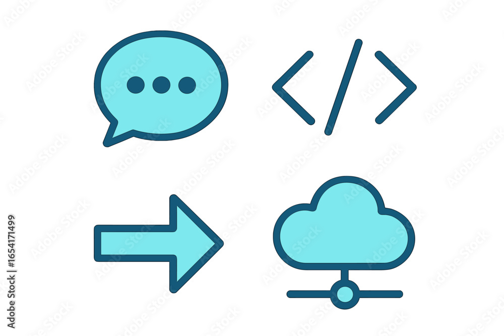 Poster four modern digital icons for communication, coding, data transfer, and cloud computing on a dark gr