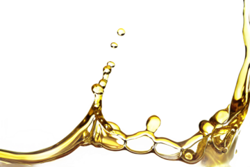 Golden liquid splash with flying droplets isolated on a transparent background fluid
