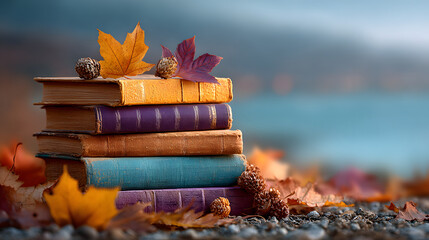 Books on autumn orange, yellow, purple leaves and blurry landscape and cloudy blue sky in background with copy space, national book lover day.