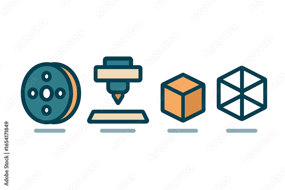 Poster stylized icons for 3d printing, digital modeling, and data visualization on a dark gradient backgrou