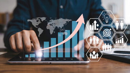 Dynamic business growth visualized with global market data and team success icons on tablet
