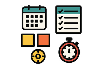 Modern flat icons for planning, tasks, and time management with subtle shadow effects