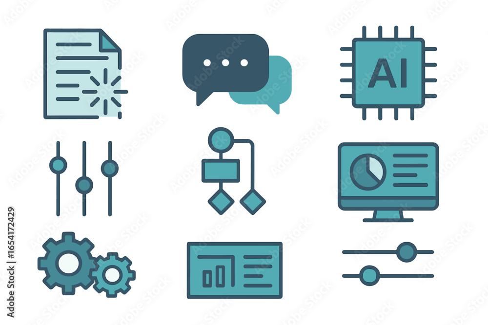 Poster modern flat icons for ai, data analysis, communication, and workflow in digital interfaces