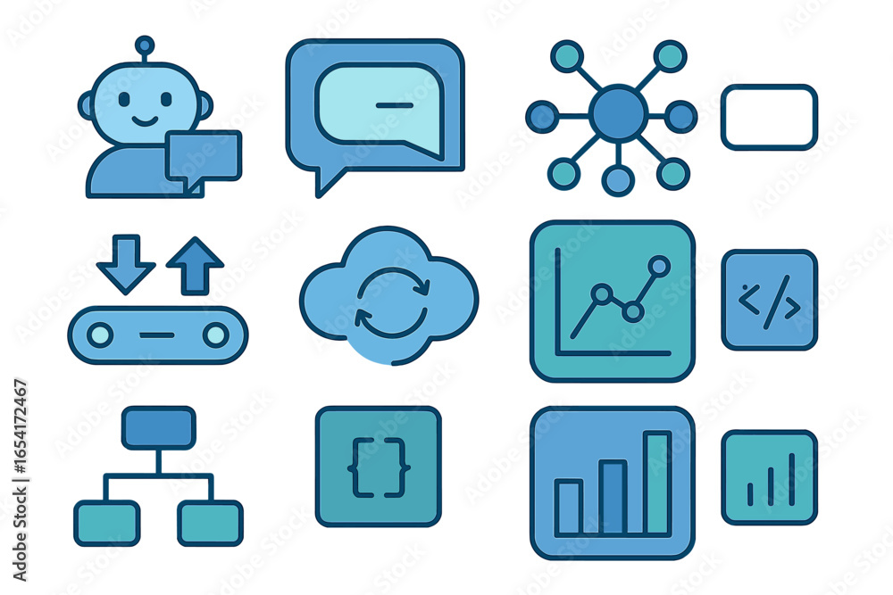 Poster modern flat icons for technology, data, and communication, featuring ai, cloud, and coding elements 