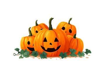 A group of cheerful carved pumpkins surrounded by green vines, celebrating Halloween spirit