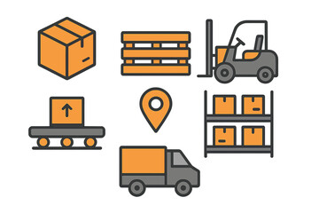 Fototapeta premium Logistics and delivery icons: forklift, truck, conveyor belt, boxes, pallet, location pin for supply chain and shipping