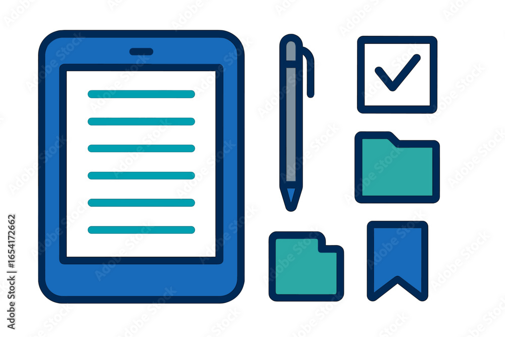 Poster digital tablet with stylus and organizational icons for note-taking, task management, and file organ
