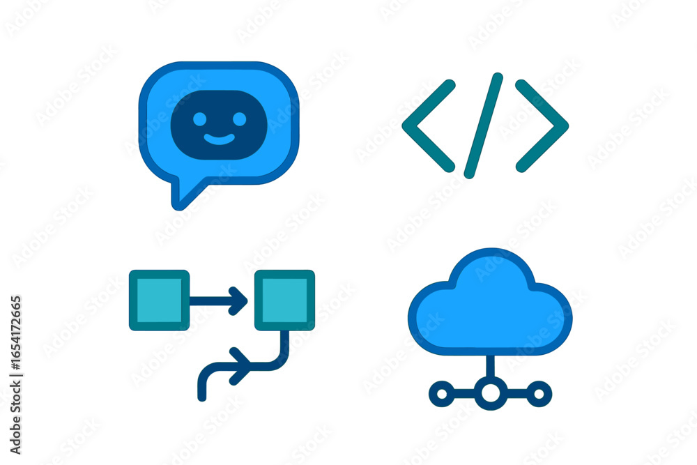Poster glowing neon digital icons for ai, coding, workflow, and cloud computing on dark background