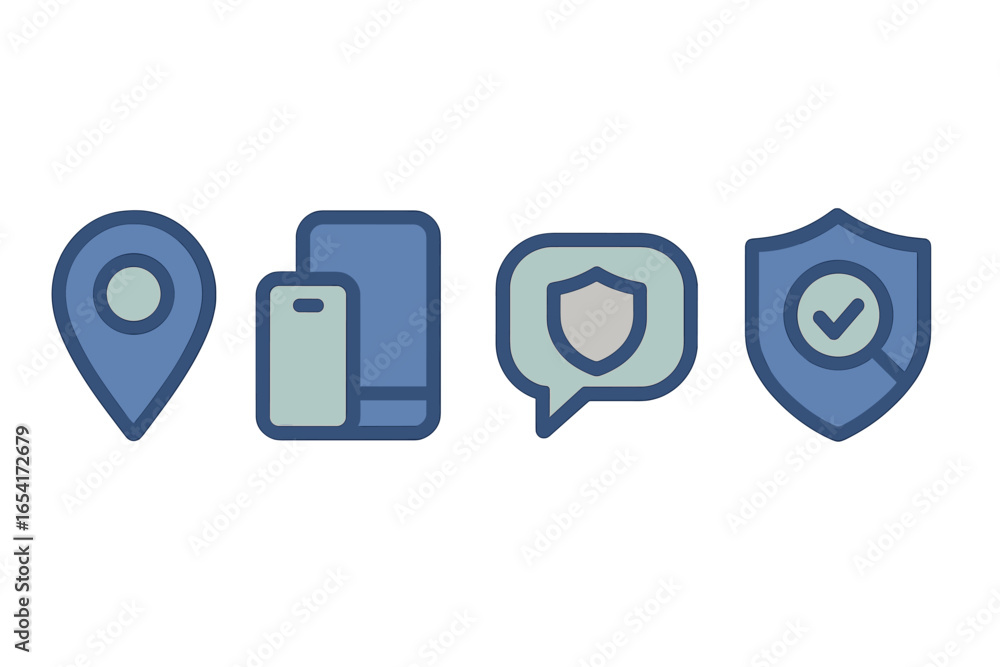 Poster modern flat icons for location, mobile devices, secure communication, and data protection with subtl