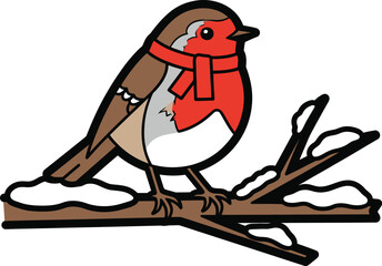Cute Robin in Winter, Christmas Robin Bird Illustration, Winter Robin on Branch, Holiday Robin Clipart, Snowy Robin Cartoon