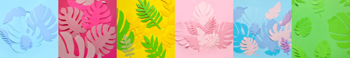 Collage with many paper tropical leaves on color background