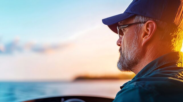 Man in cap and glasses navigates boat at sunset