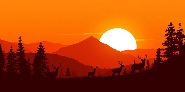 Orange sunset silhouettes of deer in mountainous woodland vector illustration, woodland, panorama