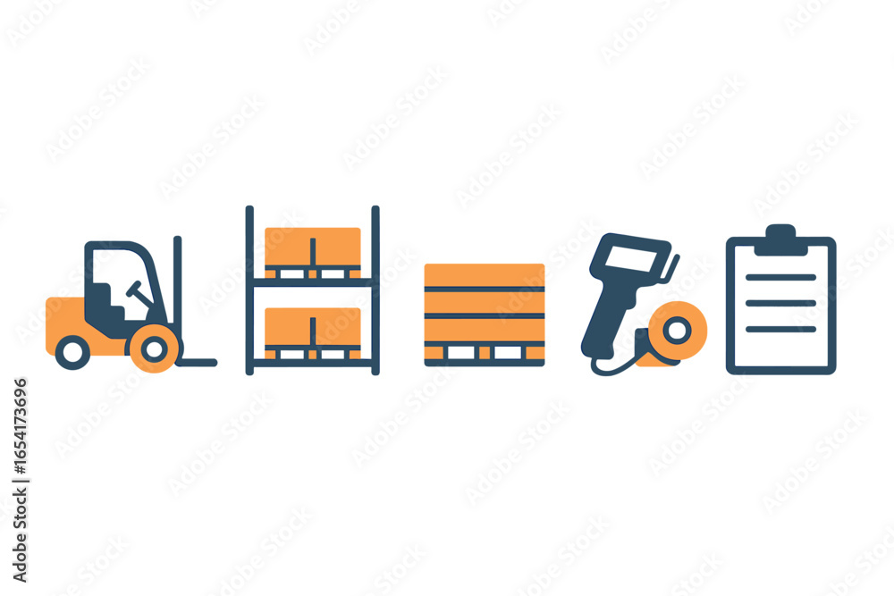 Poster forklift loading and managing pallets in a warehouse setup