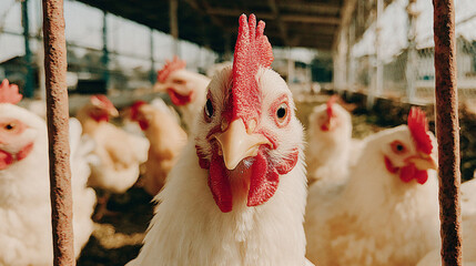 Close-up of a white chicken with a bright red comb, seen through a wire fence in a chicken farm.