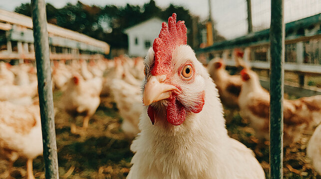 Close-up of a white chicken with a bright red comb, seen through a wire fence in a chicken farm.