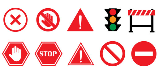 Set of warning and prohibition signs in red. Includes stop, hand, danger, no entry, traffic light, and barrier icons. Flat vector style for safety, traffic, construction, or alert use. cross icon