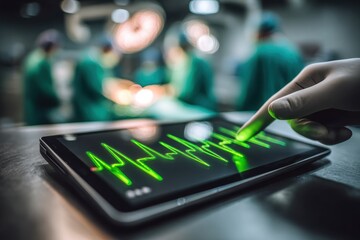 Gloved hand on digital tablet displaying ECG heart rate in hospital.