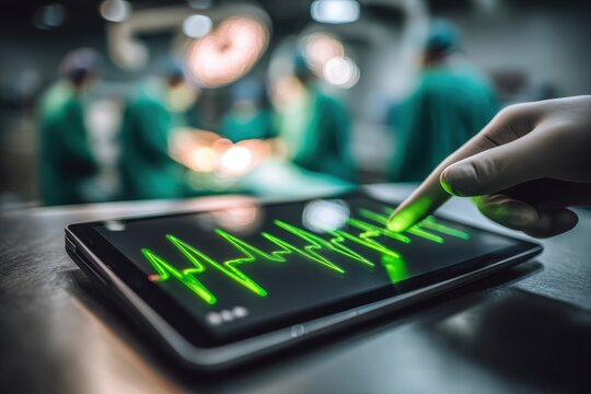 Gloved hand on digital tablet displaying ECG heart rate in hospital.