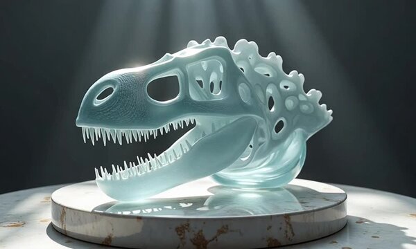 Transparent dinosaur skull on a marble stand illuminated by a bright light source