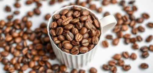Fototapeta premium Paper coffee cup filled with coffee beans, isolated on white background, studio shot, invigorating