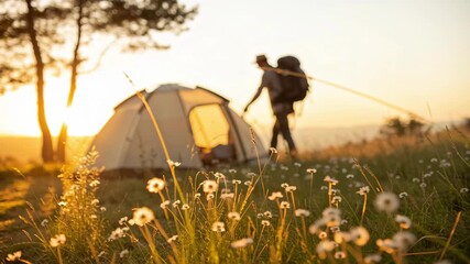 Camping kids outdoor campfire trip creates joyful memories as children explore nature near tent at sunset, enjoying adventurous family experience
