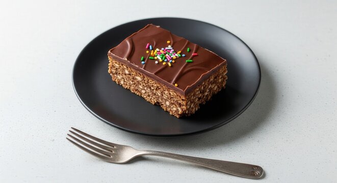 Australian weet-bix slice with chocolate icing and colorful sprinkles on a black plate