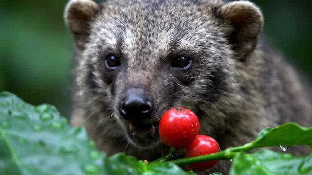 rock hyrax or Luwak peeks from lush green foliage, drawn to ripe red berries in a natural jungle habitat.