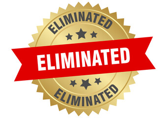 eliminated. eliminated round red and gold label isolated on transparent background